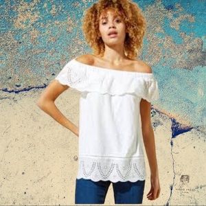 Jennifer & Grace White Eyelet Lace Ruffle Bardot Top Size LP